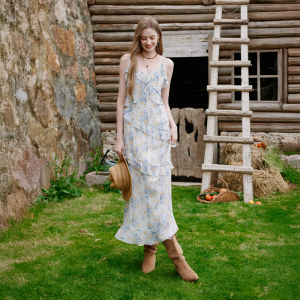 XIANGYING | Floral Slim Fit V-Neck Ruffled Asymmetrical Long Dress