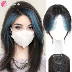 Forlisee วิกผมหน้าม้าสังเคราะห์สีฟ้า ฟูแบบธรรมชาติด้านบนสูงเพื่อเพิ่มวอลลุ่มผมหน้าม้าปลอม