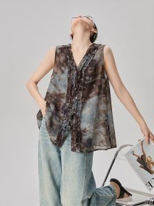 GULILI | Summer Vacation Style Floral Printed V-neck Ruffled Peplum Sleeveless Vest