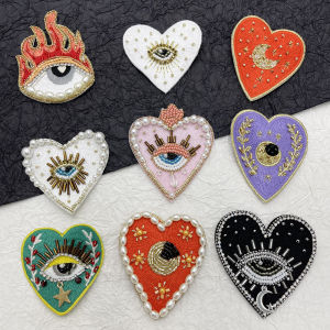 Handmade Beaded Eye Heart Embroidery Cloth Patch Hand Sewing Clothing Bag Shoe Cap Decoration DIY Clothes Patch