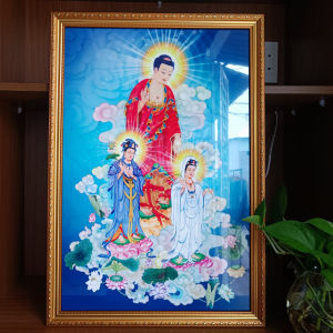 Tranh treo tường tranh gỗ tráng gương phật giáo Phật Tam Thế khung mạ vàng thích hợp treo phòng thờ bàn thờ phòng khách nhiều kích thước
