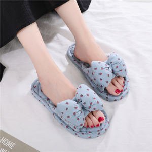 Sweet Bows Non Slip Particles Home Indoor Pure Cotton Womens Wooden Floor Tile Soft Cloth Sole Slippers All Year Round
