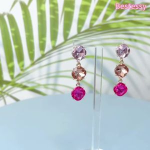Round Shiny Rhinestone Decor Long Drop Earrings For Women Luxury Style Elegant Alloy Jewelry Femme Banquet Party Ear Ornaments
