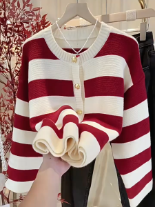 Funnyes Women Korean Retro Striped Knitted Cardigan Women Long Sleeve Button Sweater Jacket 4079
