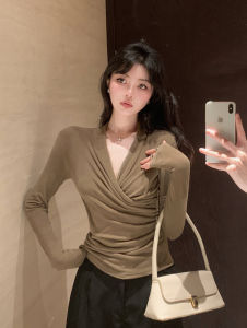 GUZILIAN | Elegant French Design V-neck Cross Uneven Slim Fit T-shirt Womens Early Autumn Spicy Waist-cinching Long Sleeve Base Shirt Trendy