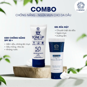 Combo làm sạch sâu kiềm dầu -  Kem chống nắng C-RENEW UV Tone Up Sun Cream - SPF50+ PA++++ bảo vệ nâng tông kháng nước mát lạnh siêu mỏng nhẹ da (  Gel Rửa Mặt Ngừa Mụn 50g + Kem chống nắng UV Tone Up 50g )
