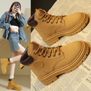 Womens High-Top Yellow Martin Boots Thick Bottom Hiking Boots Short Autumn Boots Korean Style Flat Heel Breathable Comfortable