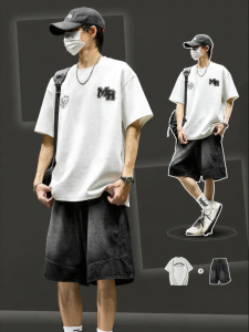 SZON | Bộ Quần Short Jeans và Áo Thun Thêu Thời Trang Phong Cách Mỹ
