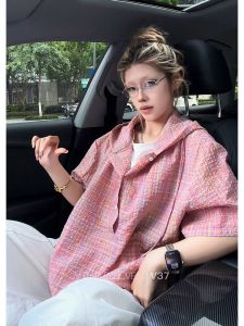 NANSSE | Two-tone Hoody Style Summer Bubble Crepe Loose Fit Casual Shirt