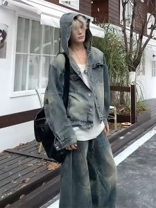 OUMULONG | Áo Khoác Jean Denim Màu Xanh Có Mũ