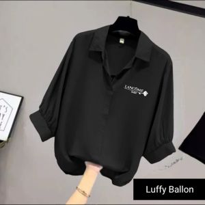 Kemeja Wanita Krah V Lengan Ruffe Ballon / Blouse Wanita Bahan Crinkle Airflow  / Atasan Bahu Kerut Logo Samping /  Kemeja Wanita Tangan 7/8
