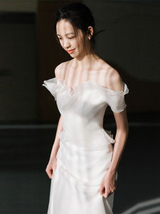 Elegant Forest System Light Wedding Dress Luxury Satin Fabric One Shoulder French Style Door out Wedding Gown Fairy Tale