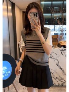 Autumn Knitted Vest Womens Fashion Early Autumn 2024 New Anti-Aging Skirt Set Three-Piece Set Short Sleeve round Neck