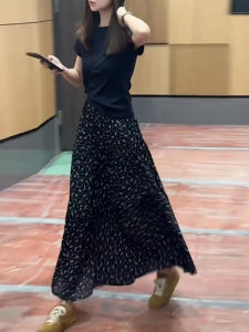 Shalldoer | Summer Unique Beautiful Two-Piece Set Womens Black Round Neck Short Sleeve T-Shirt Polka Dot Half Skirt Fashionable Outfit