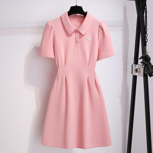 French Pink Polo Collar T-shirt Dress Women Summer New Classic Waist-cinching Slimming Skirt High Waist A-line Cotton Blend