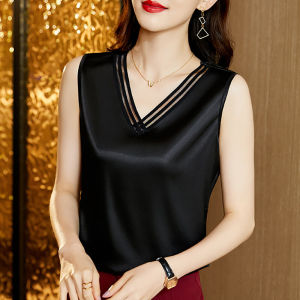 Black Vest Top Womens Spring Summer New Style V-neck Acetate Inner Wear Commute Pure Color Straight Cut Single Piece Online Exclusive