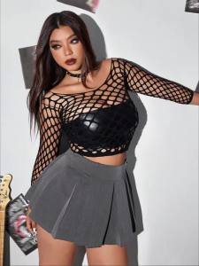 Áo Lưới Nữ Cỡ Lớn Gợi Cảm Tay Dài Xuyên Thấu Kiểu Dáng Bodysuit Lưới Cá Áo Thun Thời Trang Chất Liệu Nylon Elastane