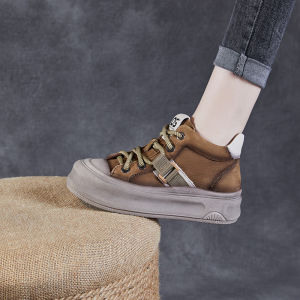 Genuine Leather High Top Womens Boots Thick Bottom Fashionable Cute Big Head Shoes round Toe Rubber Outsole Deep Mouth