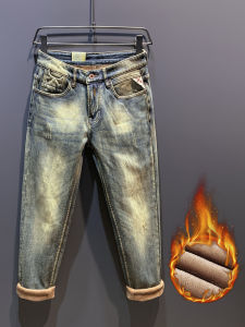 กางเกงยีนส์ผู้ชายเพิ่มความหนาบุขนฤดูหนาวกางเกงขายาวผู้ชายลำลองทรงกระบอกเข้ารูปปักลายแบรนด์ฮิตทำให้ดูเก่าแนววินเทจผ้ายืด