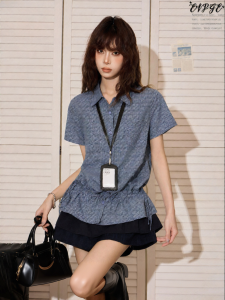 EVPGB | Áo Blouse Nữ Ôm Dáng Tay Ngắn Họa Tiết Carô Xanh Đỏ Của Mỹ