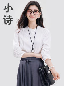 Design Sensible Summer New White Short Sleeve Stand Collar Seven Sleeve Womens Shirt Commute Professional Top Loose Fit