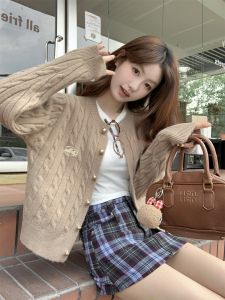 Casual Knitted Open Cardigan Womens Lazy Chic Single Button Twisted Sweater Autumn 2025 Short Top Loose Fit Long Sleeve round Neck