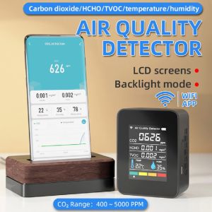 Máy theo dõi chất lượng không khí 5 trong 1 Máy đo CO2 Máy dò carbon dioxide Formaldehyde TVOC Phát hiện độ ẩm nhiệt độ HCHO
