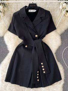 Retro Short Sleeve Shirt Dress for Women Summer Loose Fit Waist High Casual Style A-Line Skirt with Design Feel