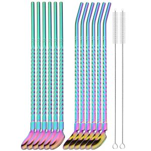 12pcs 2-in-1 Metal Straw and Spoon Set Stainless Steel Straw with Brush Reusable Straws for Cocktails Milkshake Juice Coffee Tea