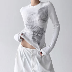 Áo Thun Nữ Dáng Ôm in Hình Kỹ Thuật Số Phong Cách Mỹ Mới Thu 2025 Áo Thun Cotton Co Giãn Dài Tay Cổ Tròn Thường Ngày