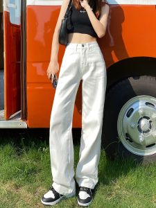 กางเกงยีนส์ทรงหลวมเอวสูงขาบานทรงหลวมขาตรงทรงหลวมสำหรับผู้หญิงในฤดูใบไม้ผลิ กางเกงขายาวทรงเข้ารูปบาง