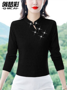 เสื้อยืดแขนยาวผู้หญิงสไตล์จีนใหม่ ฤดูใบไม้ร่วง 2025 ใหม่ ปรับปรุง ชุดกี่เพ้า ชั้นใน ผ้าขนแกะ ผ้าฝ้าย ผ้าโพลีเอสเตอร์