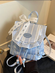 Blue Lace Plaid Womens Backpack Commuter School Bag Sweet Edge 2025 New Style Korean Series Soft Handle Casual Daily Bag
