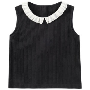 Haitao Childrens Clothing Black Lace Collar Large Girl T-Shirt Western Style Kids Knitting Vest Bottoming Outwear Summer New