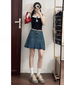 กระโปรงสั้นผ้ายีนส์พับสีน้ำเงินสไตล์เกาหลีเอวสูง กระโปรงทรงเอเข้ารูป กระโปรงสั้นฤดูร้อนปี 2025 สำหรับผู้หญิงวัย 18-24 ปี