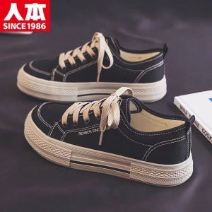 Korean Style round Toe Canvas Shoes Womens Thick Bottom Casual Student Versatile Low Cut Breathable Rubber Outsole Shoes