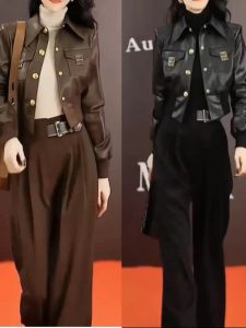 Stylish Short Biker Leather Jacket And Wide Leg Pants Two Piece Set for plus Size Women Trendy Streetwear Autumn Winter Outfit