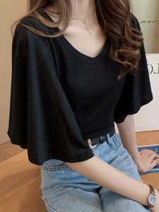 Short Sleeve T-Shirt Womens Summer New Arrival K-style Plus Size Ladies Plus Size Loose Ruffle Sleeve Top Easiest for Match V-neck T-shirt Ins Fashion