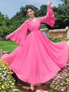 Retro V-Neck Loose Waist Chiffon Dress Womens Flared Long Sleeve Bell Sleeve Pink Lace Trim Fairy Long Dress Maxi Gown