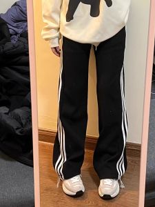 American Retro Striped Sports Pants Womens Thickened Pure Cotton Wide Leg Three Bars Casual Sweatpants High Waist Long Pants