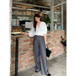 Halo Luu Grey Wide Leg Suit Pants Womens Casual Straight Cut Spring Autumn High Waist Polyester Blend Comfortable Fashionable