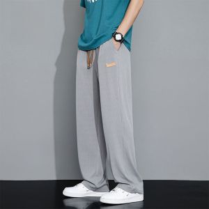 ROMON | Romon Mens Summer Thin Ice Silk Loose Straight Leg Wide Leg Sports Elastic Waist Long Casual Pants Drapey Lightweight Youthful