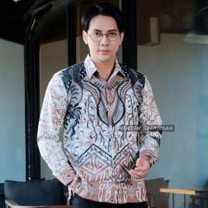 Sharma Kemeja Batik Pria Lengan Panjang Dasi Coklat Formal Slim Fit Casual Baju Batik Cowok Laskala