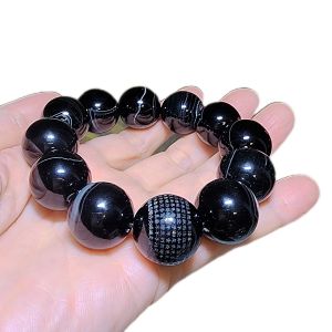 19.7mm Large size natural patterns black Sardonyx & Black Agate carved Heart Sutra bracelet handheld [Natural Crystal] 19.7毫米大尺寸天然缠丝玛瑙黑玛瑙心经手链手持
