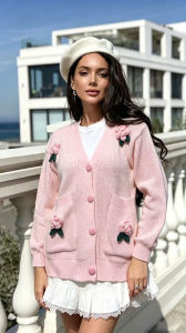 Autumn Winter Retro Solid Crochet Flower V-neck Knitted Cardigan Top Womens Long-sleeved Single-breasted Loose Pocket Sweater