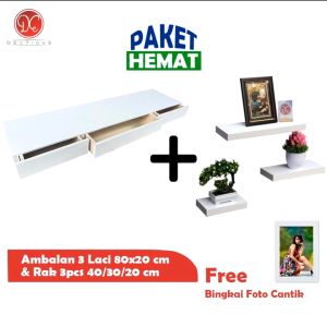 DEcTionS Paket Bundling Rak Laci Dinding 80x20cm dan Ambalan Gantung Slim 3Pcs Free Bingkai Foto 4R