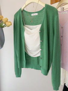 Blue V-Neck Ice Silk Knitted Cardigan Slim Fit Womens Summer Outerwear Shoulder Pad Sun Protection Top Korean Style Commute