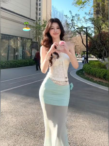 XZY plus Size Pure Desire Vacation Style White Strapless Neckline Top Womens Summer Net Skirt Halter Half-length Skirt Set