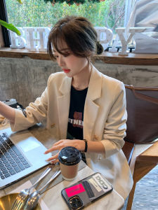 Fashionable Commuter Style Womens Blazer Coat Khaki Color Korean Style Versatile Small Size Business Casual Long Sleeve