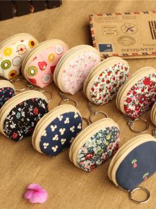 Floral Print Shell Coin Purse Mini Key Holder Cute Fabric Storage Bag for Young Women Square Shape Cotton Material